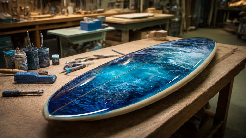 2. Custom surfboard with colorful resin tint work displayed in shaping bay with shaping tools