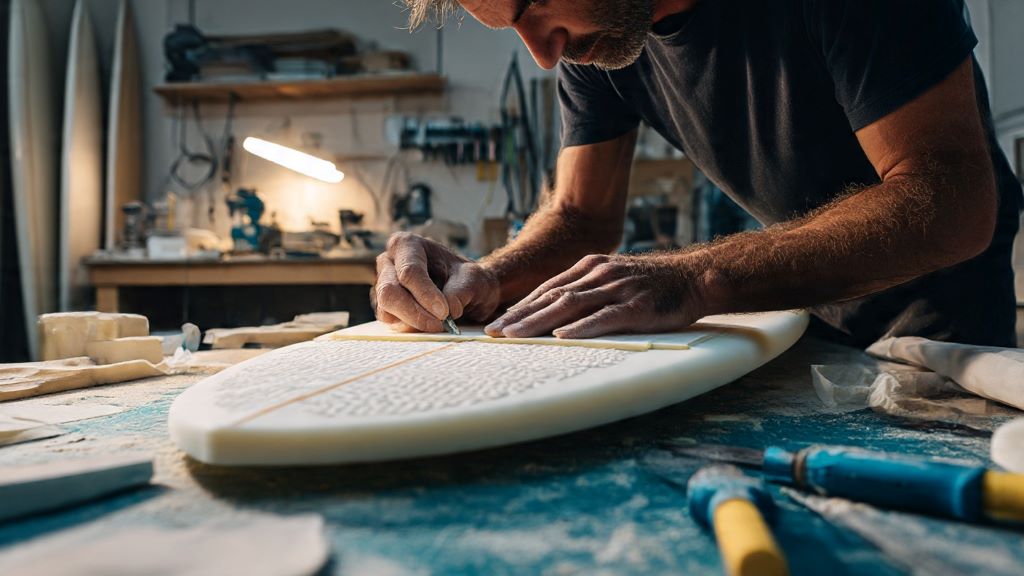 1. Professional surfboard shaper carefully shaping a foam blank in a workshop with tools