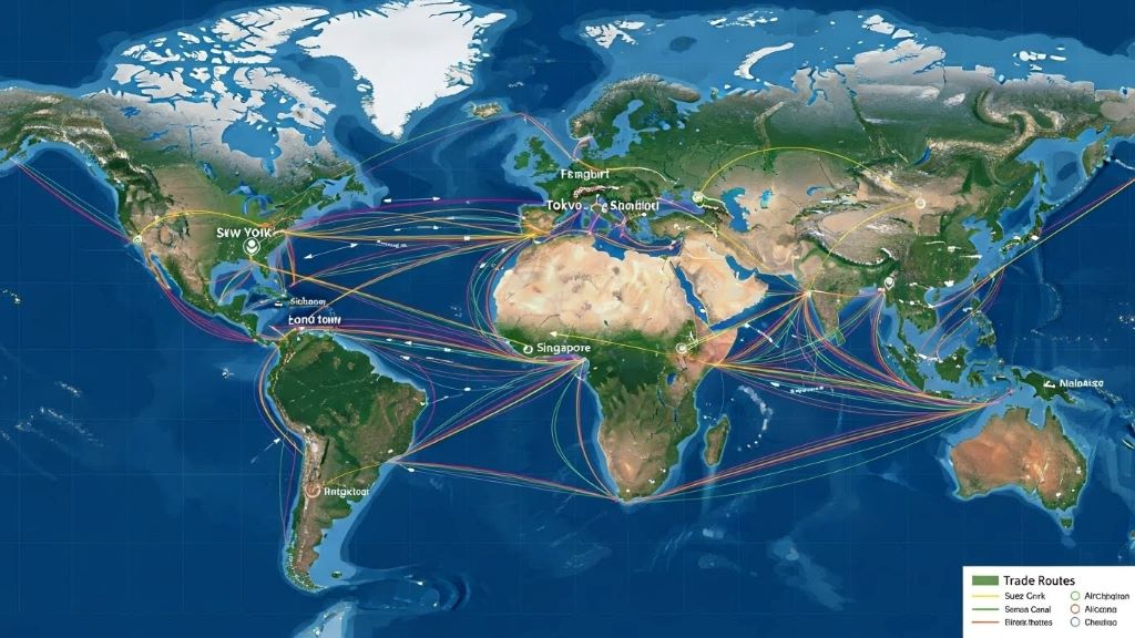 World map showing global trade routes and economic connections between major financial centers