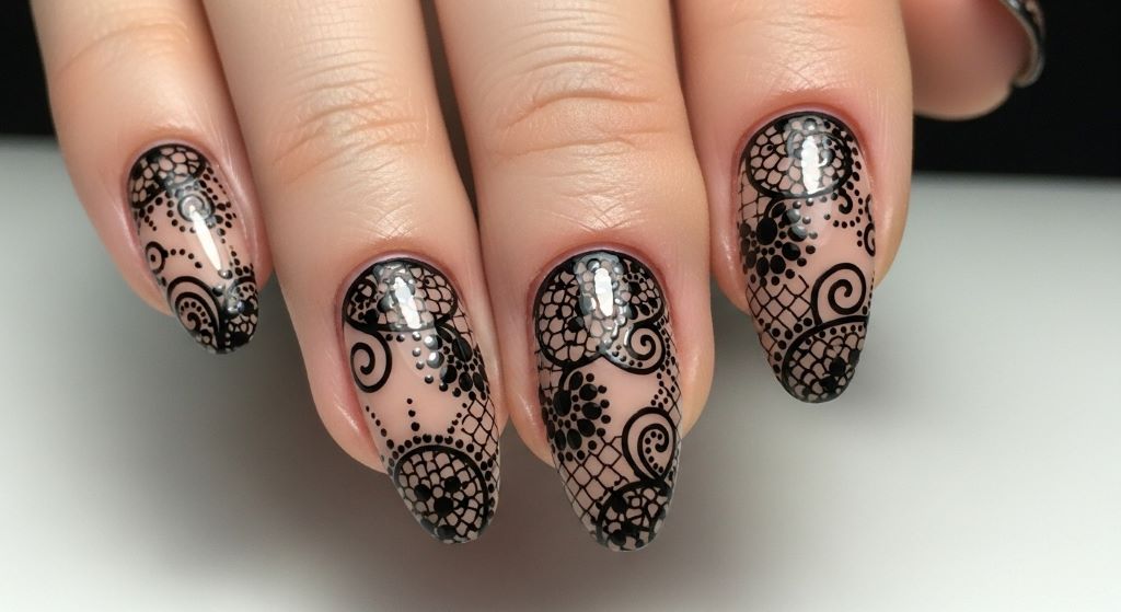 Elegant black lace nail art design on nude base created with dotting tool showing intricate swirls and connected dot patterns on manicured nails