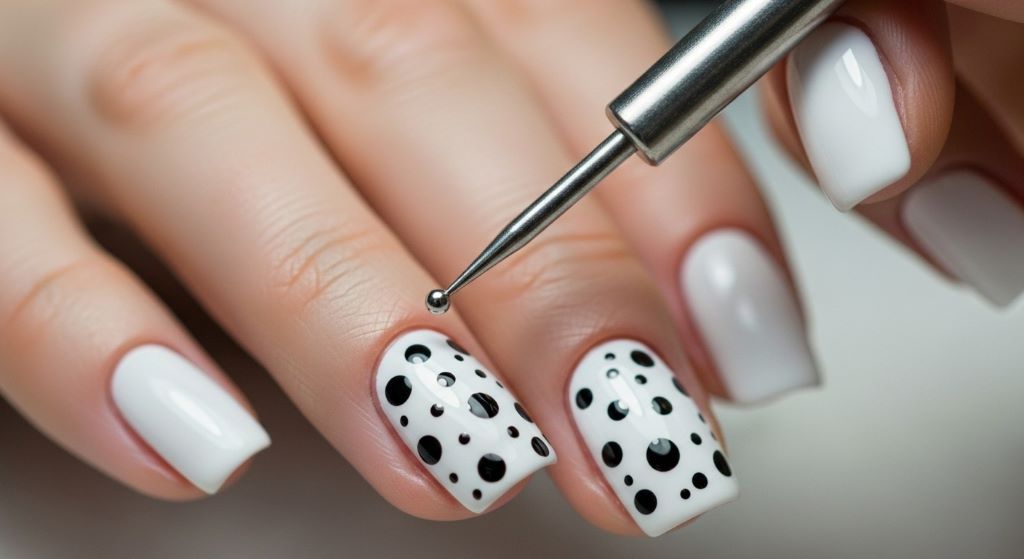 Close-up of hand holding dotting tool creating black polka dot pattern on white painted fingernails with scattered dots across nail surface
