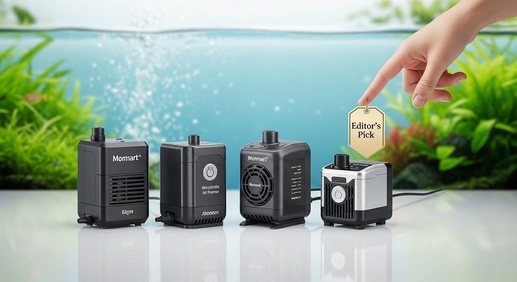 Silent air pump placed beside small freshwater nano tank