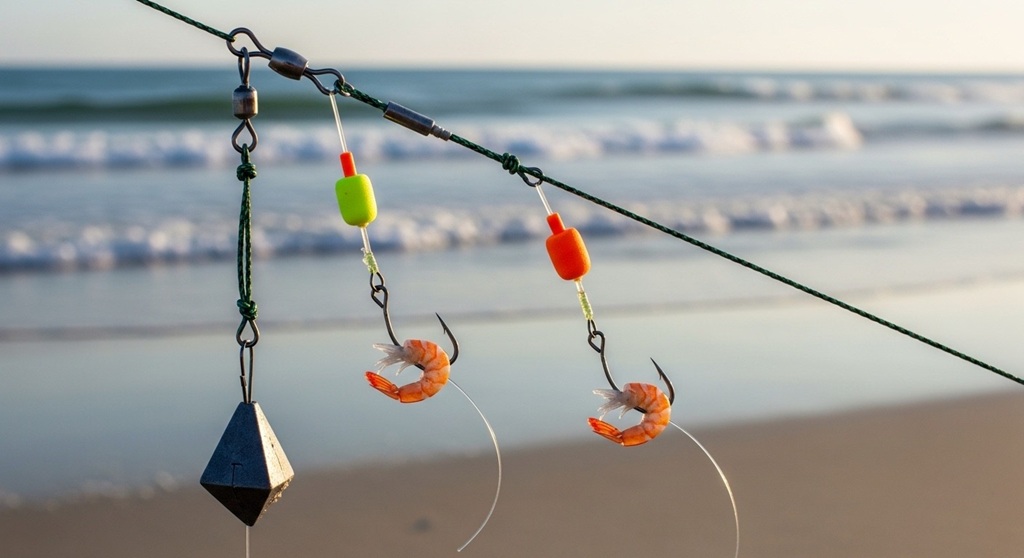 Beach angler casting pompano fishing setup into surf trough