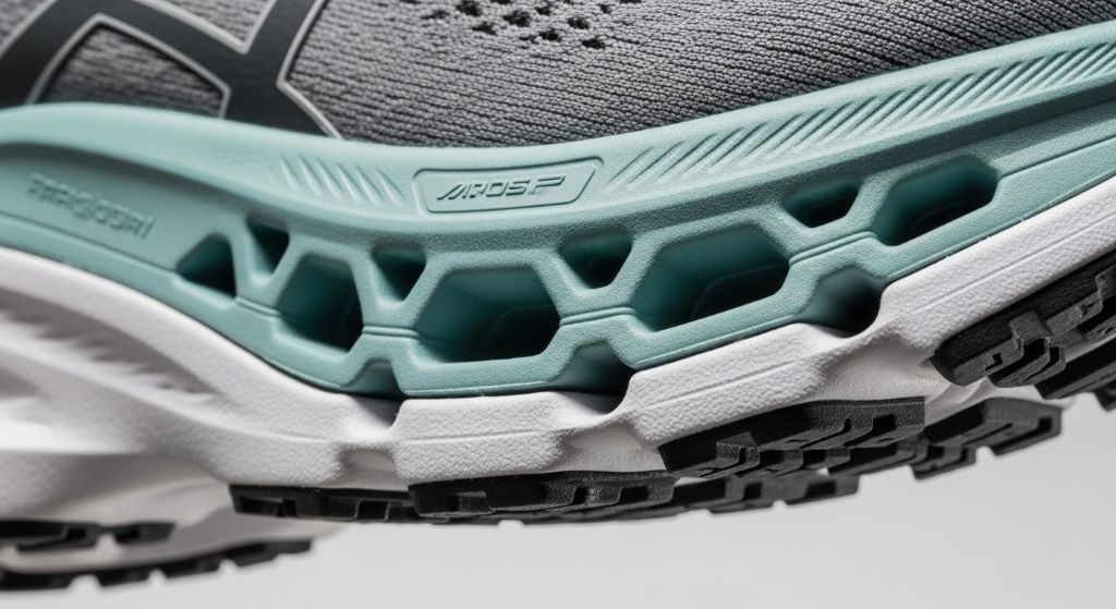 Close-up of running shoe midsole cushioning technology designed to absorb impact and reduce joint stress during athletic activity