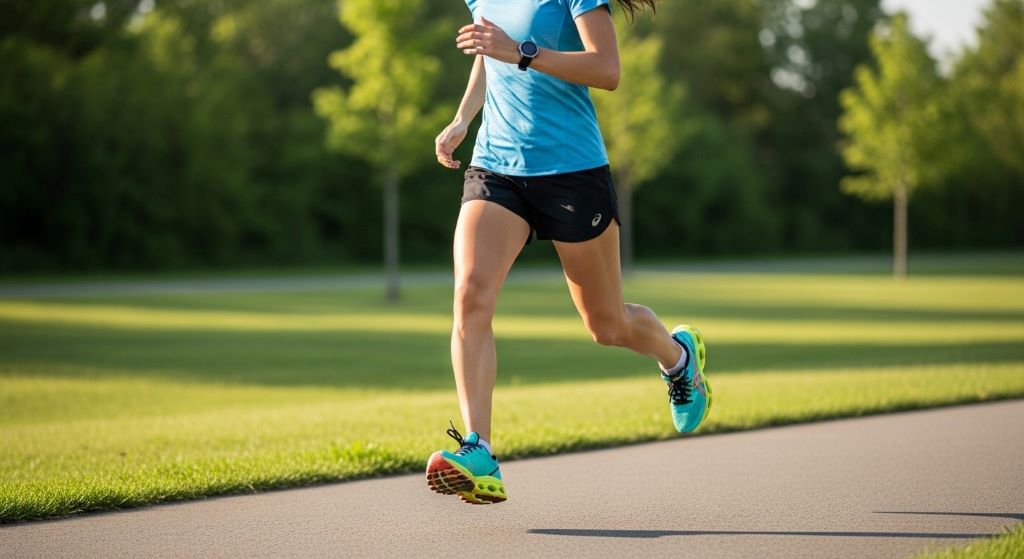 Runner wearing cushioned athletic shoes on paved trail showing proper foot strike and knee alignment during exercise