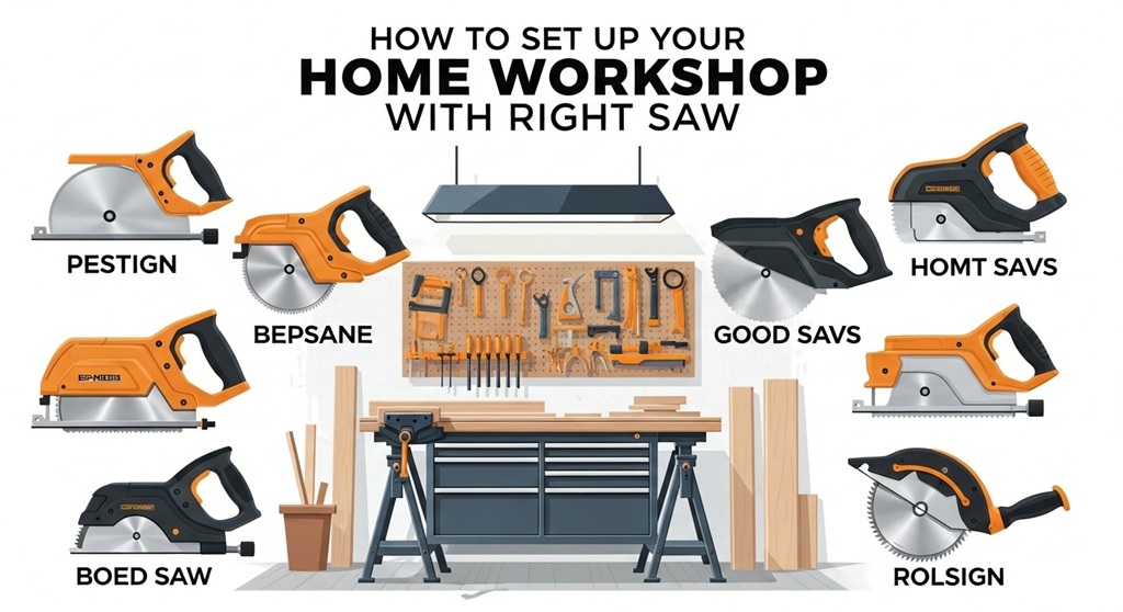Home workshop setup with table saw and organized tool bench
