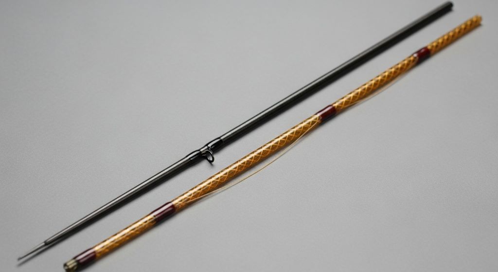 Comparison of graphite and fiberglass fishing rod blanks displaying different material properties and construction techniques for strength and flexibility