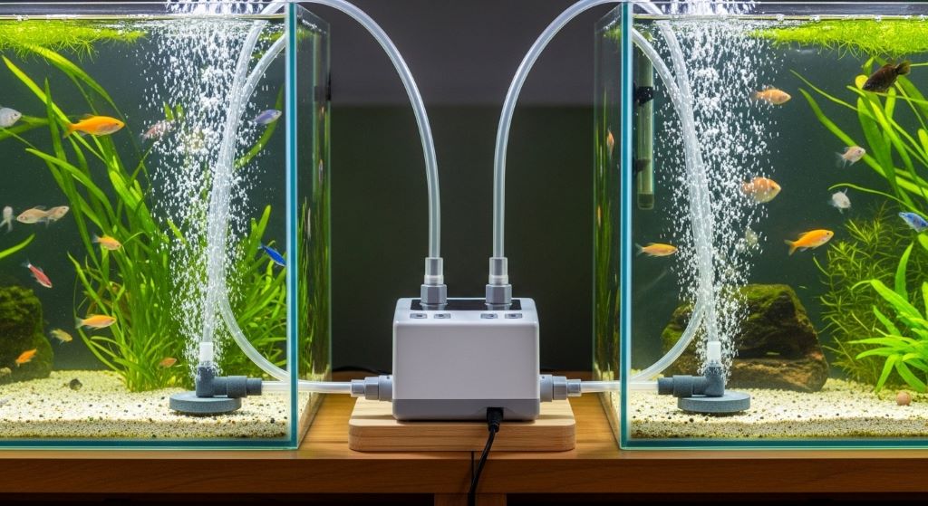 Dual outlet aquarium air pump connected to two fish tanks with clear airline tubing and air stones producing bubbles