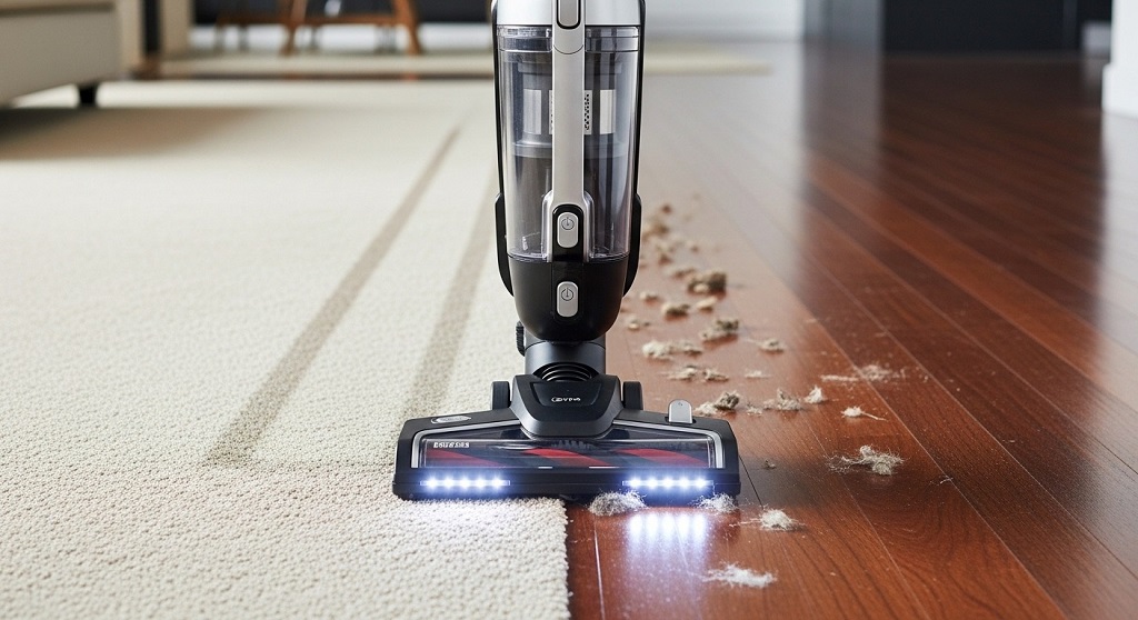 Adjustable brush roll vacuum head on hardwood flooring