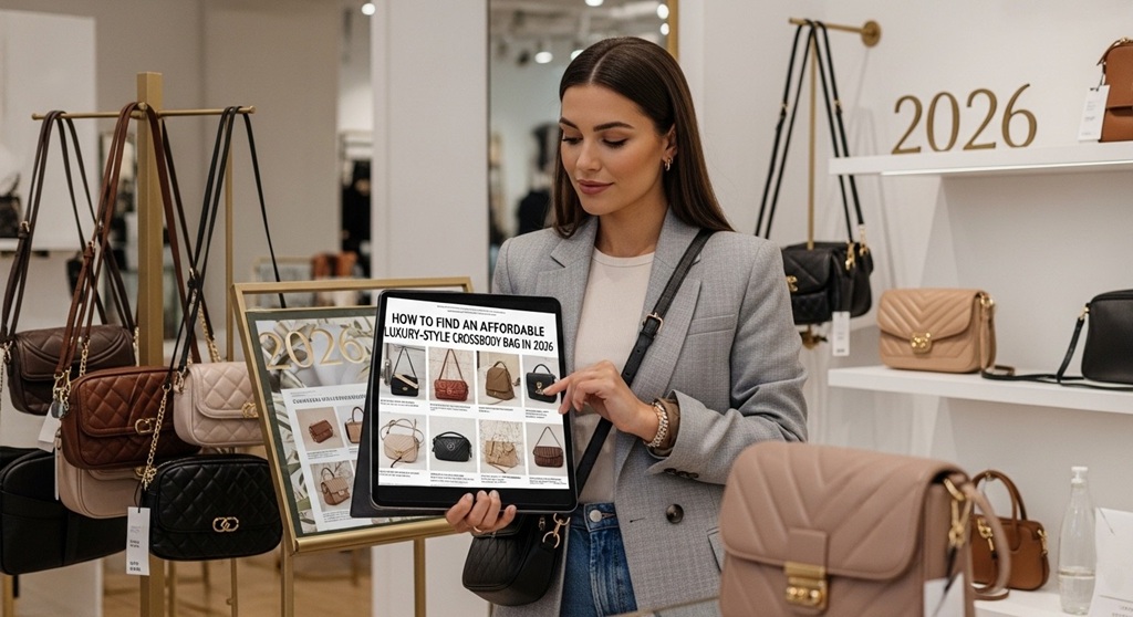 Affordable luxury-style crossbody bag in neutral leather finish