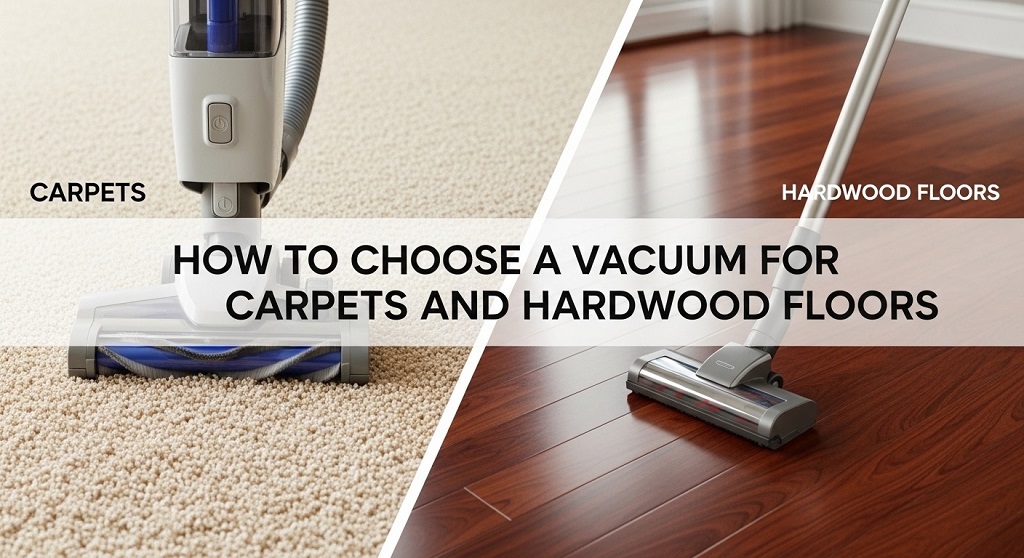 Multi-surface vacuum cleaning carpet and hardwood floor side by side
