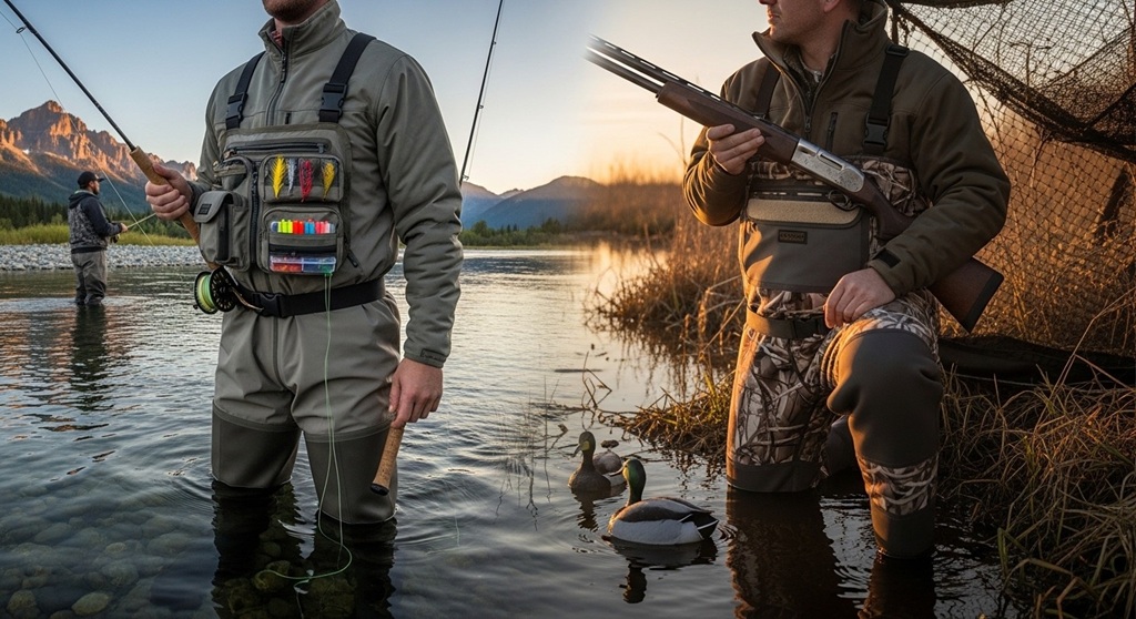 close-up of waterproof fishing waders boots in shallow water