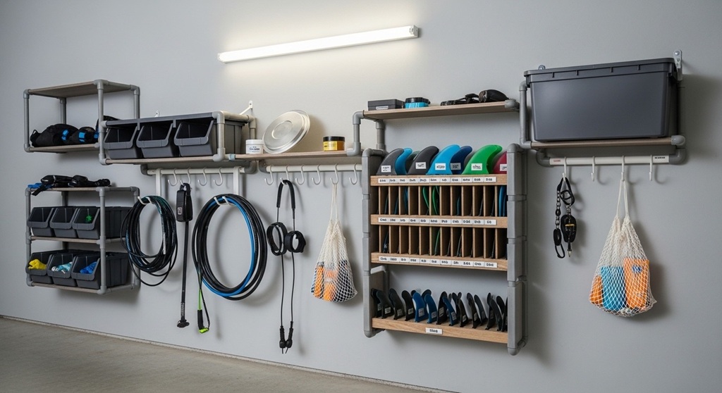 organized surfboard accessories inside a professional surf gear bag