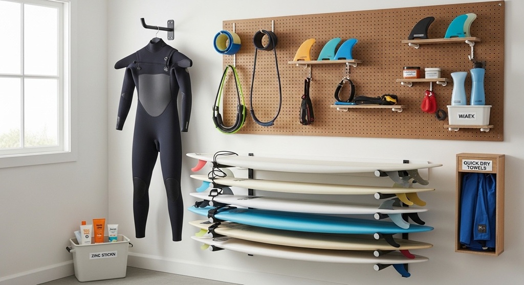 surf gear bag with organized surfboard accessories and fins