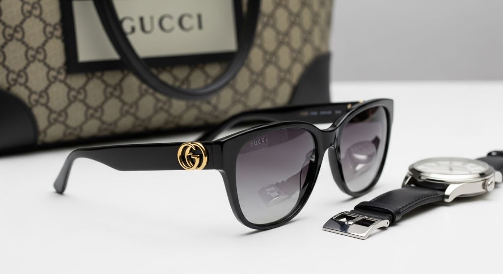 Close-up of Gucci designer sunglasses placed on a white surface with a watch and tote bag