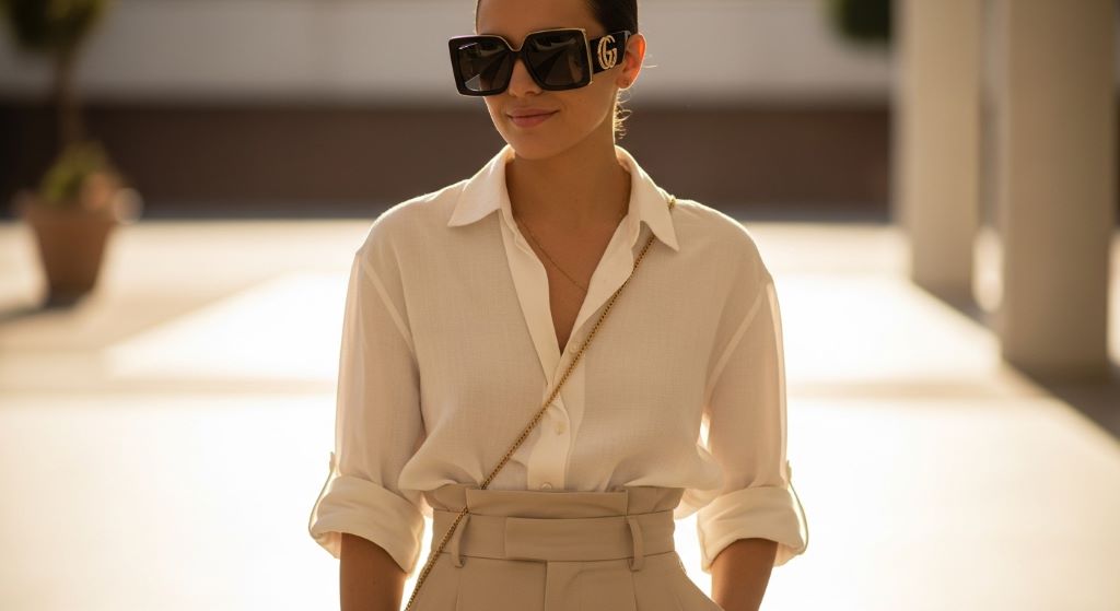 Person wearing Gucci sunglasses with a minimalist neutral outfit on a sunny day