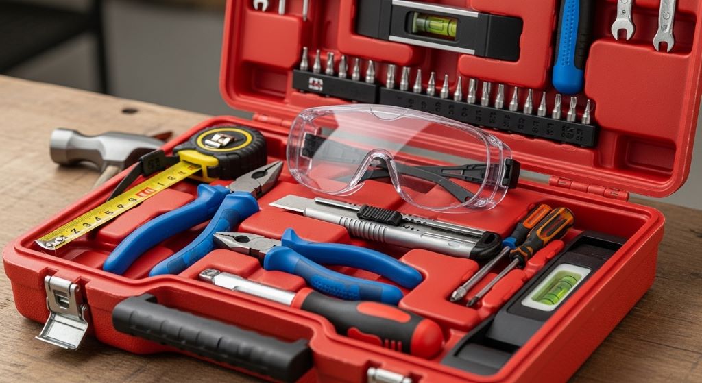 Starter tools for beginners organized inside an open toolbox, including pliers, a utility knife, and safety goggles