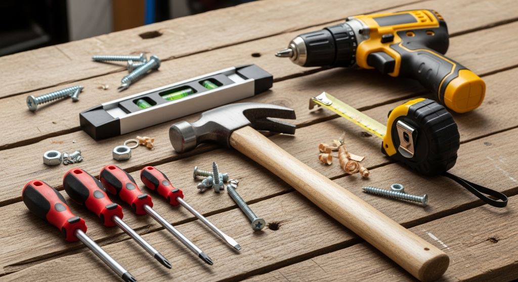 A beginner's home tool kit laid out on a wooden workbench, featuring a hammer, screwdrivers, tape measure, level, and power drill