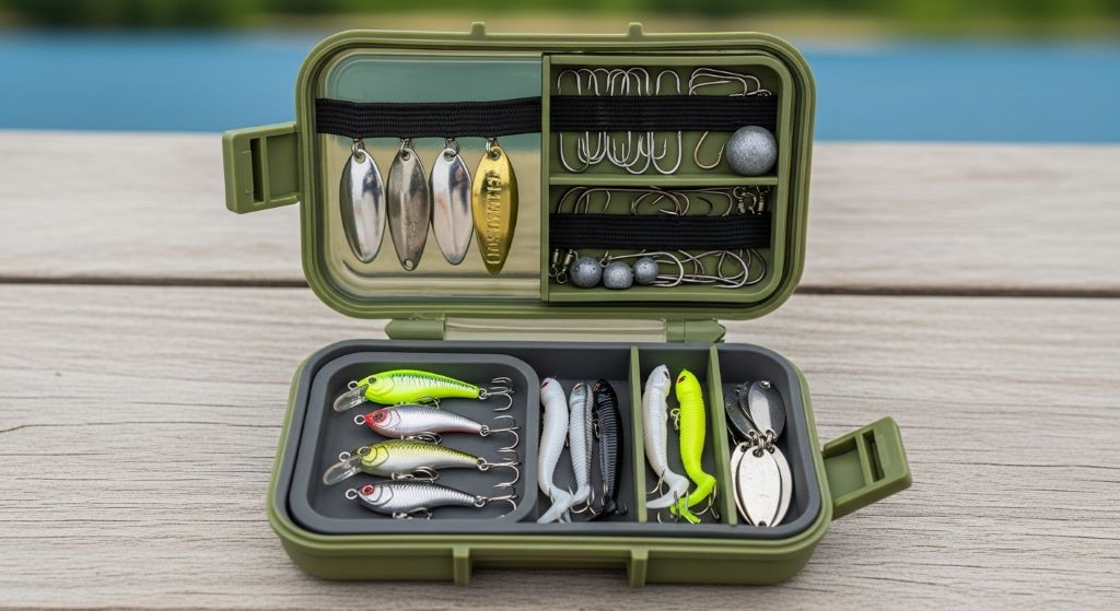 Lightweight tackle kit with lures and hooks in a small waterproof case for travel