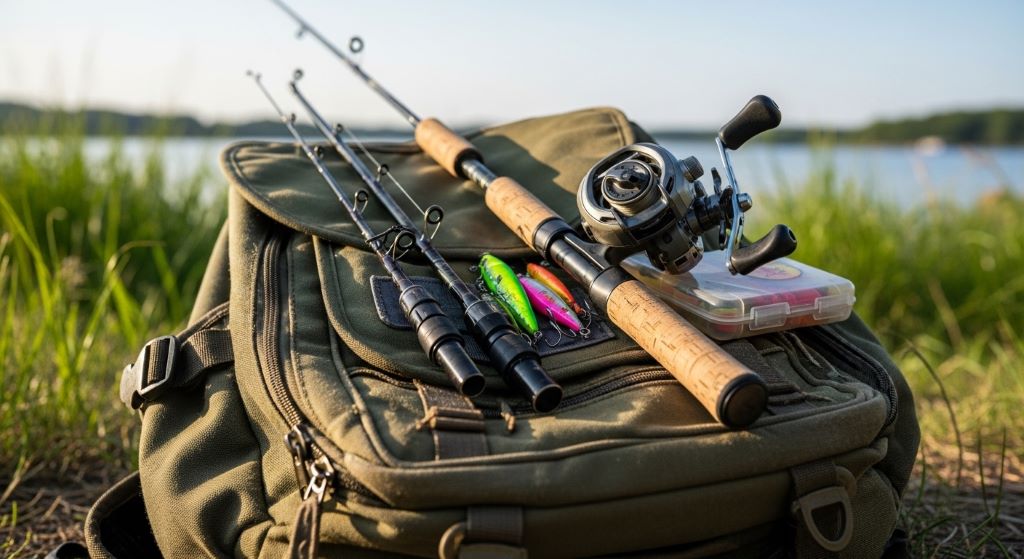 Compact travel fishing rod and reel combo laid out on a backpack outdoors