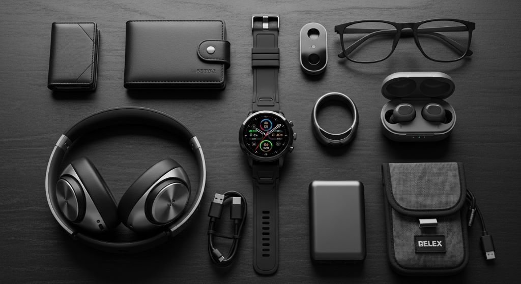 collection of smart wearable and wireless gadgets for men