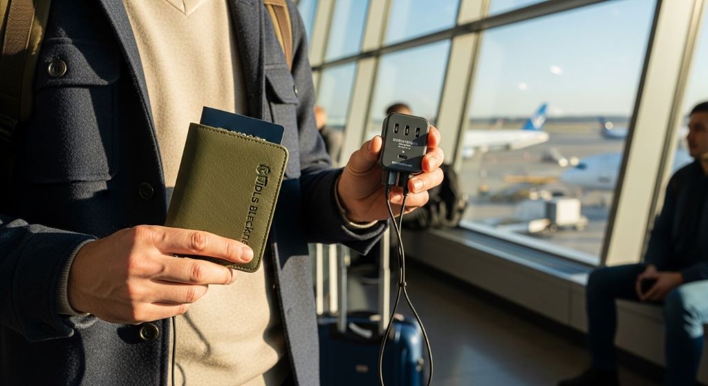 A frequent traveler at an airport holding useful travel tools including a universal adapter and a slim RFID-blocking passport holder