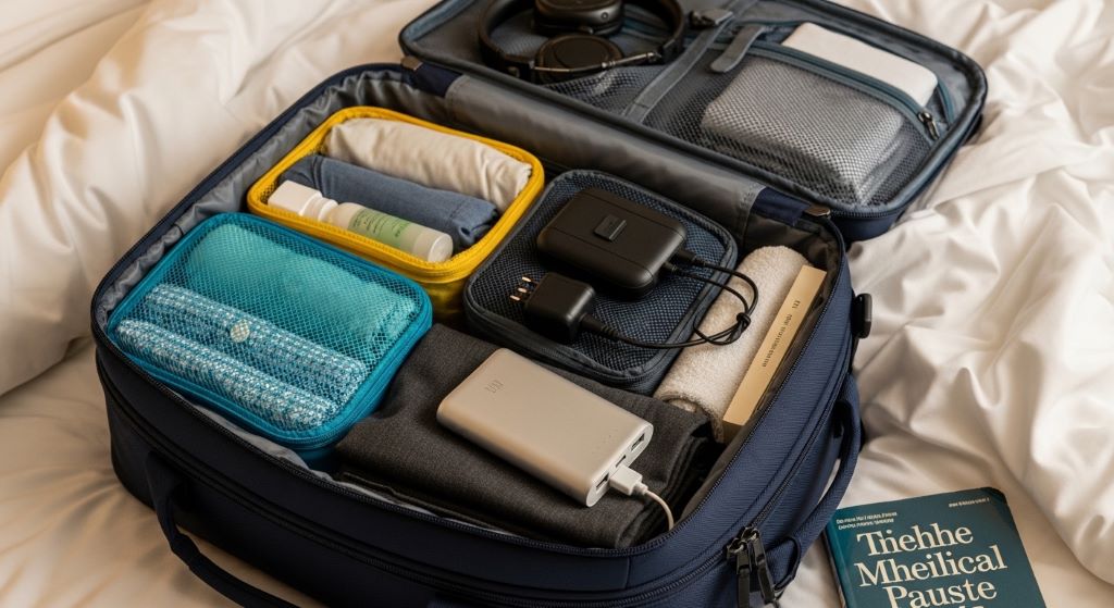 A neatly packed travel bag open on a bed, filled with compact gear including packing cubes, a power bank, and a travel adapter