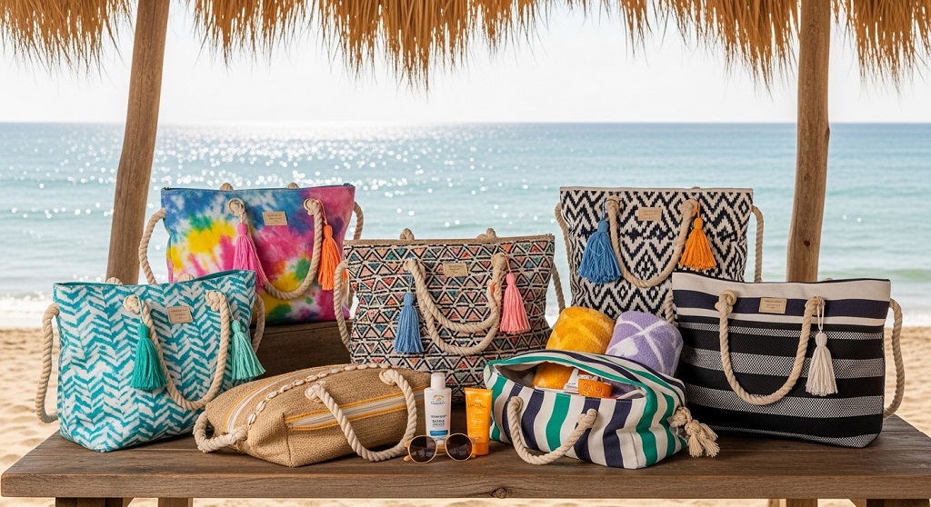 Stylish teen beach tote with waterproof compartments on sandy shore