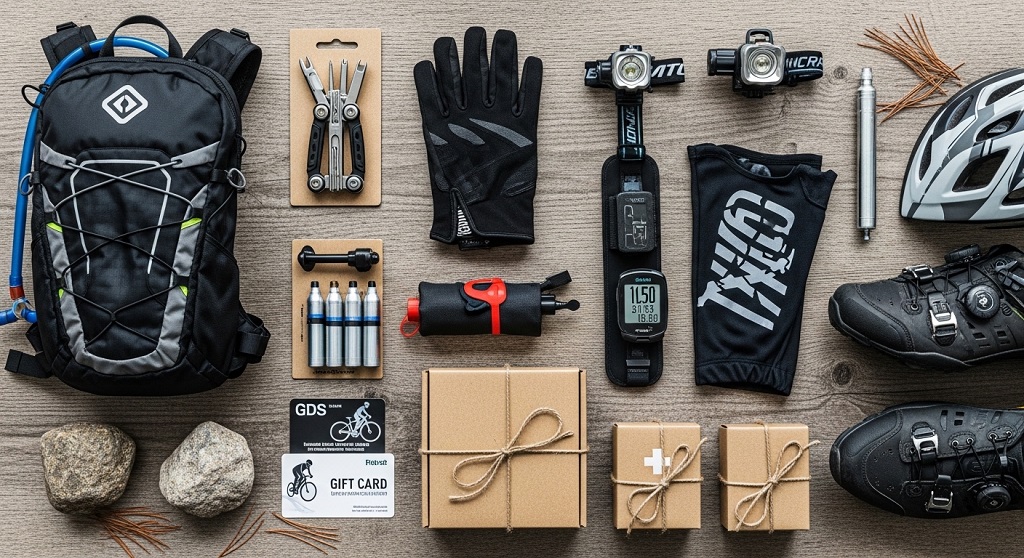 mountain biker using hydration backpack on forest trail ride