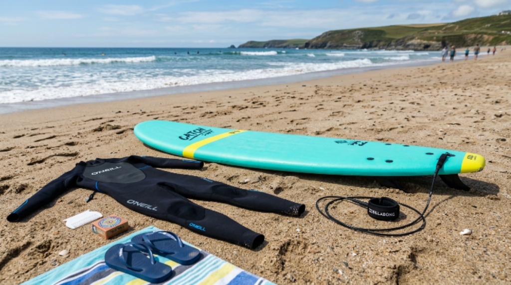 Beginner surfing starter equipment laid out on sand including a foam board, leash, and wetsuit