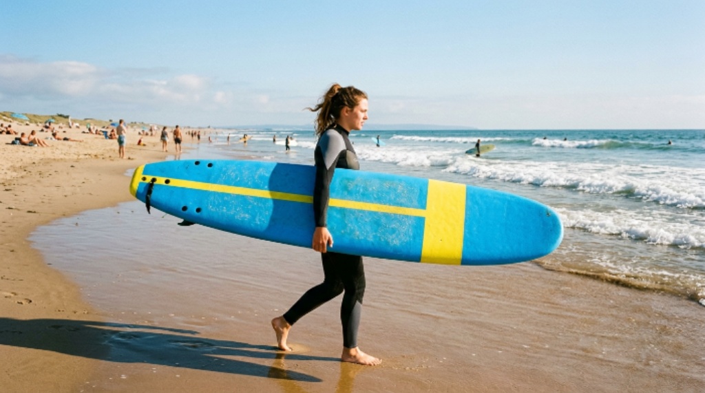 A beginner surfer carrying a large foam surfboard toward the ocean on a sunny day