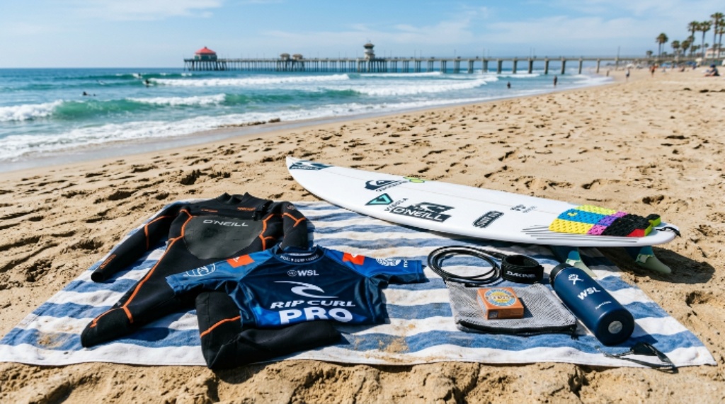 Pro surfing gear laid out on a beach including wetsuit and rash guard