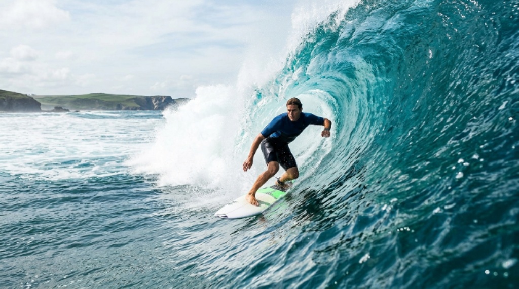Surfer wearing flexible swimwear riding a large ocean wave