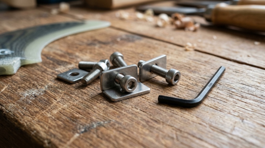 Close-up of stainless steel surfboard fin screws and plate hardware on a wooden surface