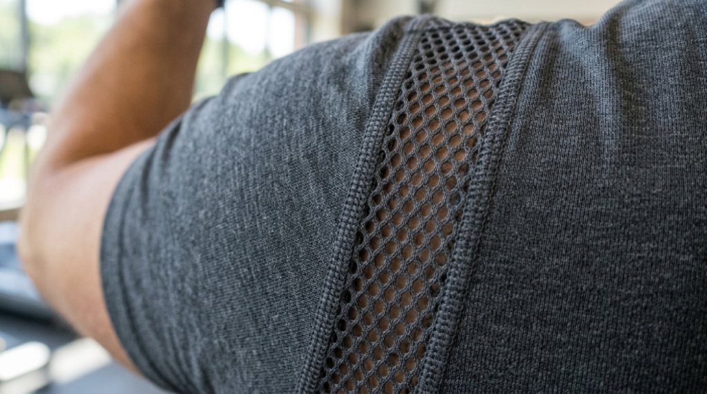Close-up of moisture-wicking athletic wear fabric showing mesh panels and breathable construction