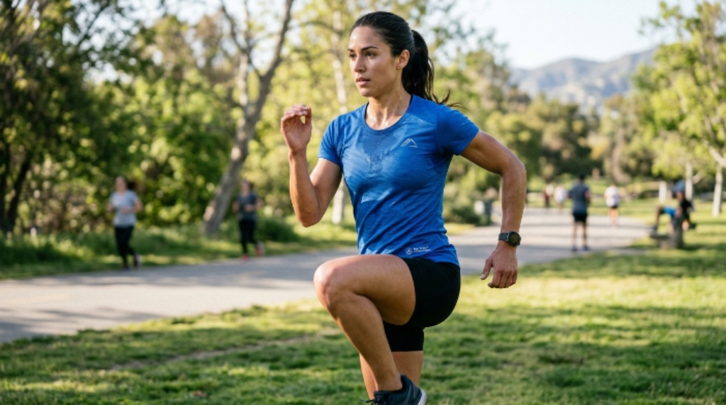 Athlete wearing a lightweight quick-dry performance shirt during an outdoor HIIT workout