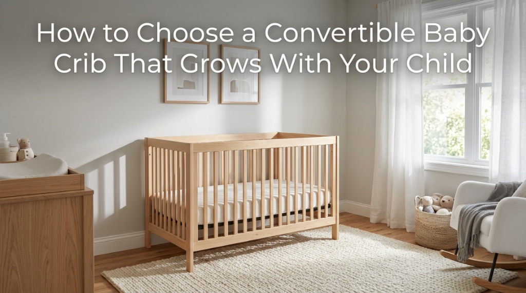 Wooden convertible baby crib in a sunlit modern nursery.