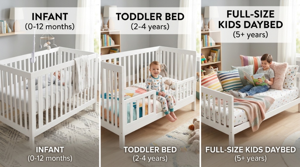Three photo panels showing a crib transforming into a toddler bed.