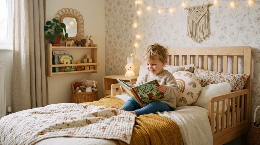 Smiling toddler sitting on a wooden bed converted from a crib.