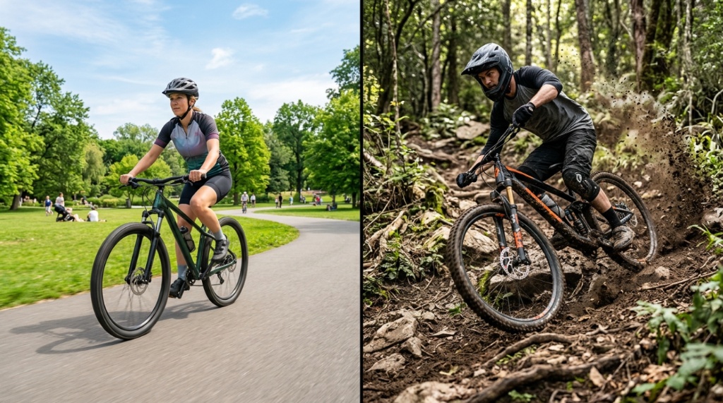 Split view comparing a recreational mountain bike on pavement and a trail bike on dirt.