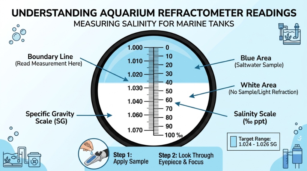 The blue and white measurement scale inside an aquarium refractometer reading 1.026 specific gravity.