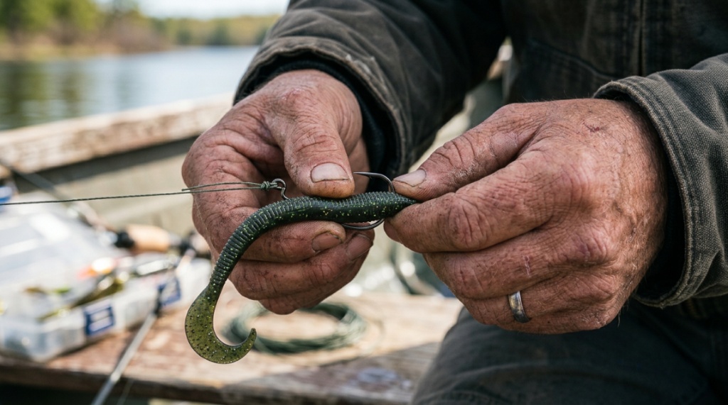 Hands rigging a bright soft plastic bait onto an offset worm fishing hook.
