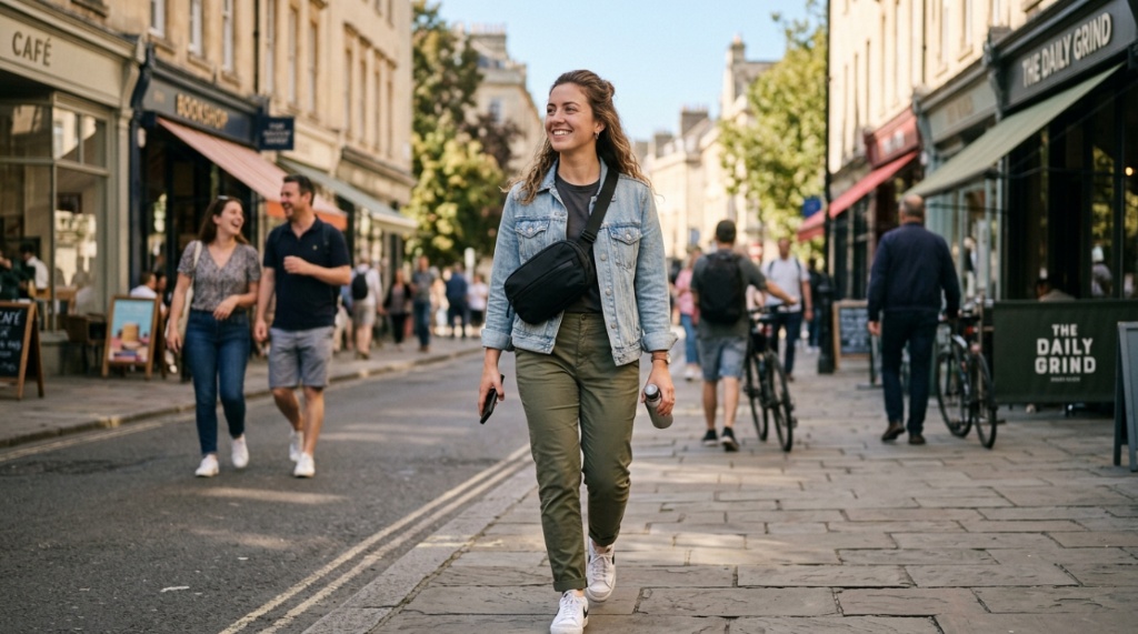 Person walking down a city street wearing a black everyday sling bag across their chest.