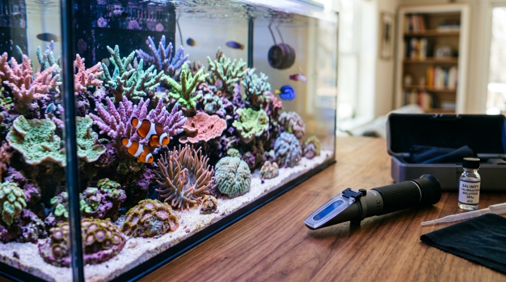 A vibrant saltwater reef aquarium next to a professional refractometer on a table.