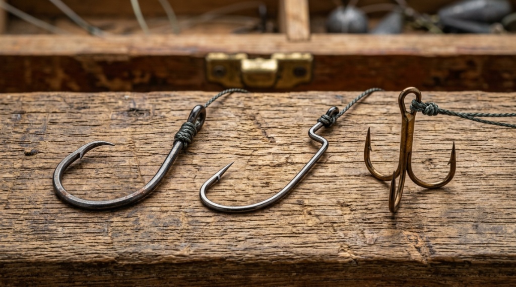 Three different fishing hooks arranged side by side on a wooden tackle box lid.