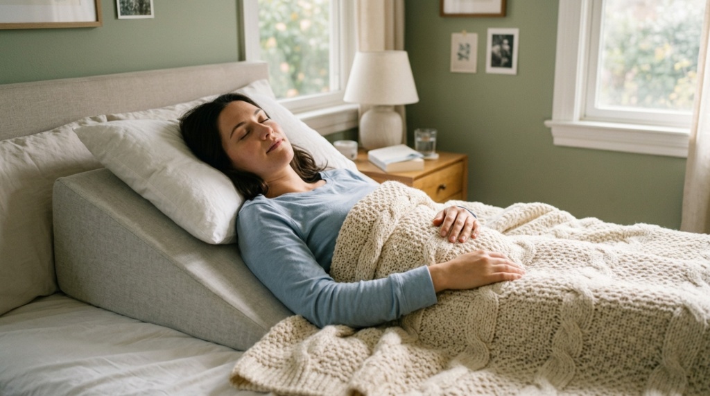 Man sleeping peacefully on his back supported by an inclined pillow.