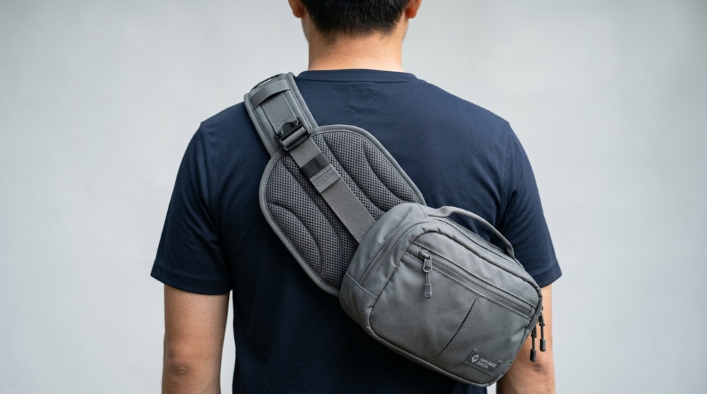 Close up back view of person wearing grey sling bag with padded shoulder strap.