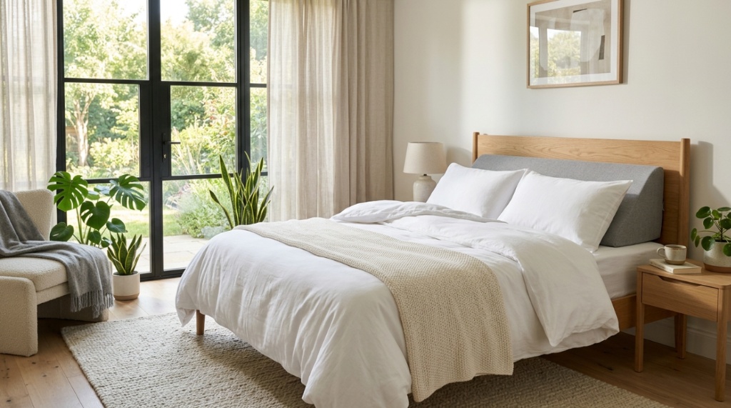 Elevated bed with white linens and a wedge pillow in a bright bedroom.