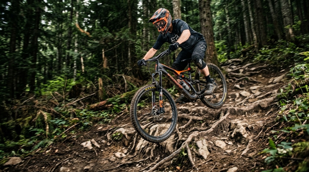 A mountain biker navigating a rugged dirt trail filled with tree roots.