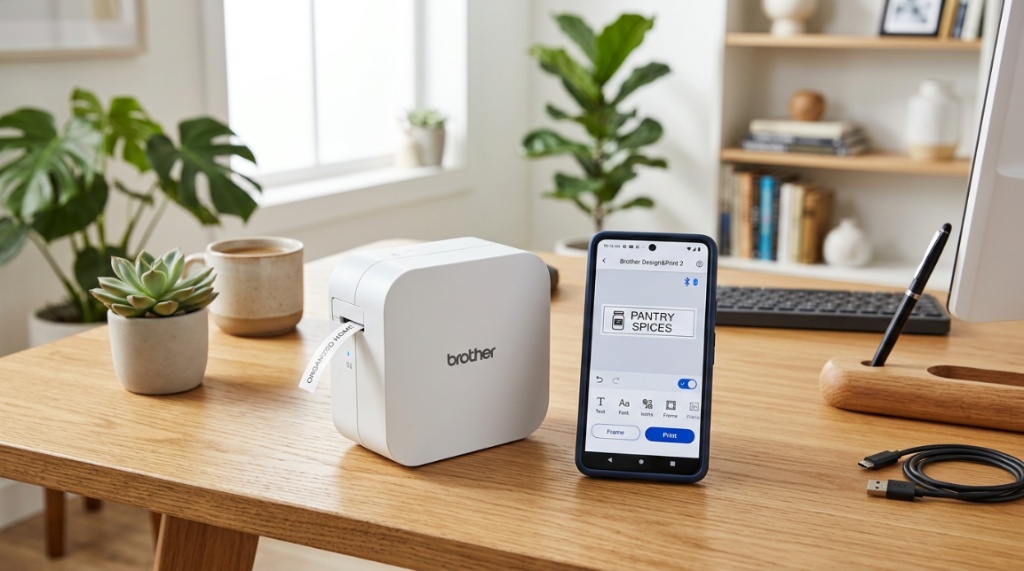 Compact Bluetooth label maker on a desk next to a smartphone app.